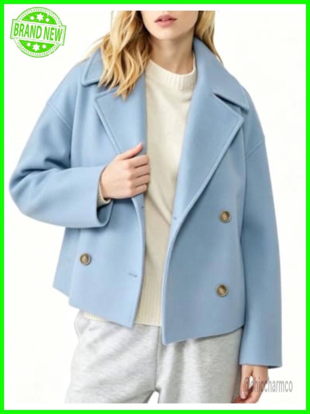 Cropped Pea Coat Double Breasted Wool Blend Notched Lapel - Picture 4 of 6